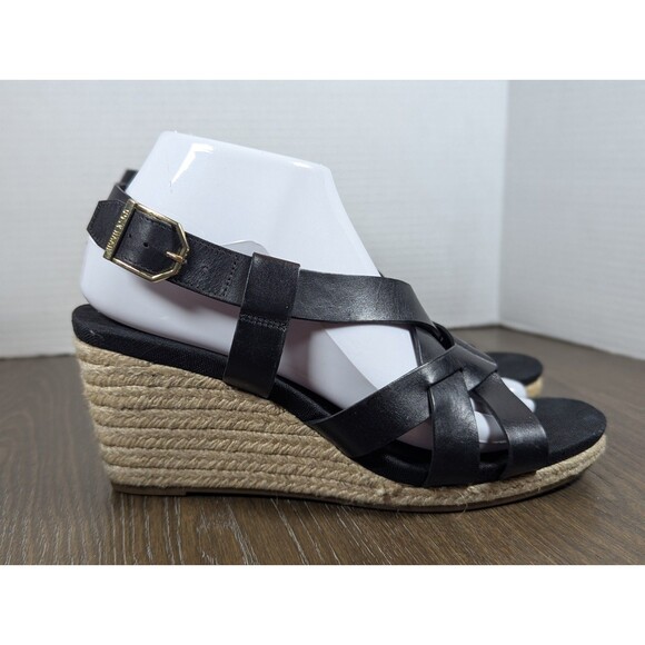 Cole Haan Crystal Strappy Leather Wedges Sandals Womens 8.5 Black Jute Heel Logo - Picture 6 of 15